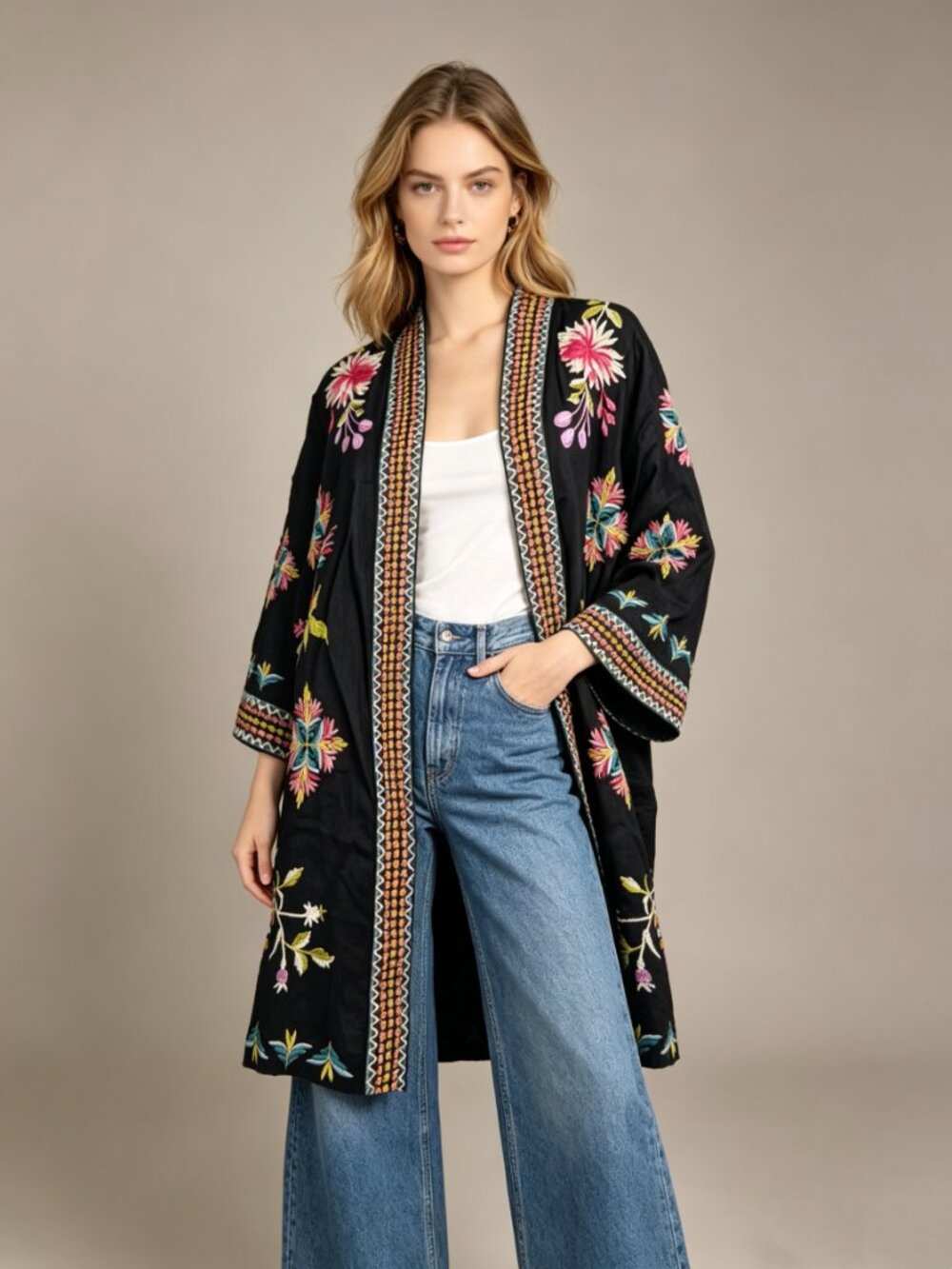 NWOT Johnny Was JULIE LINEN KIMONO Embroidered Floral Open Front Coat Sz PL